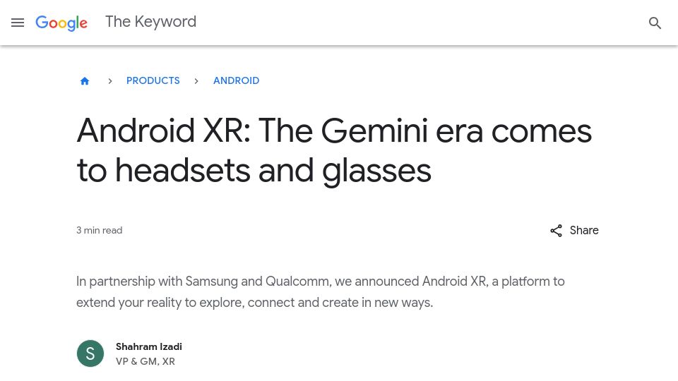 Screenshot of blog.google: Android XR