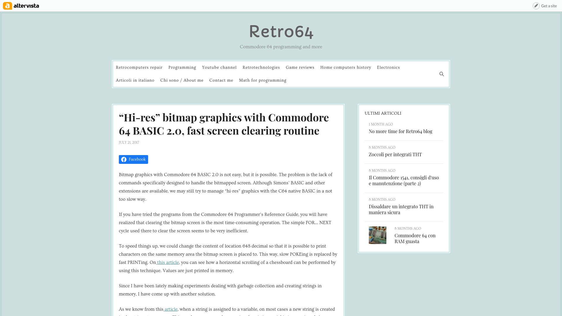Screenshot of retro64.altervista.org: Tricking c64 basic into clearing a hi-res screen quickly