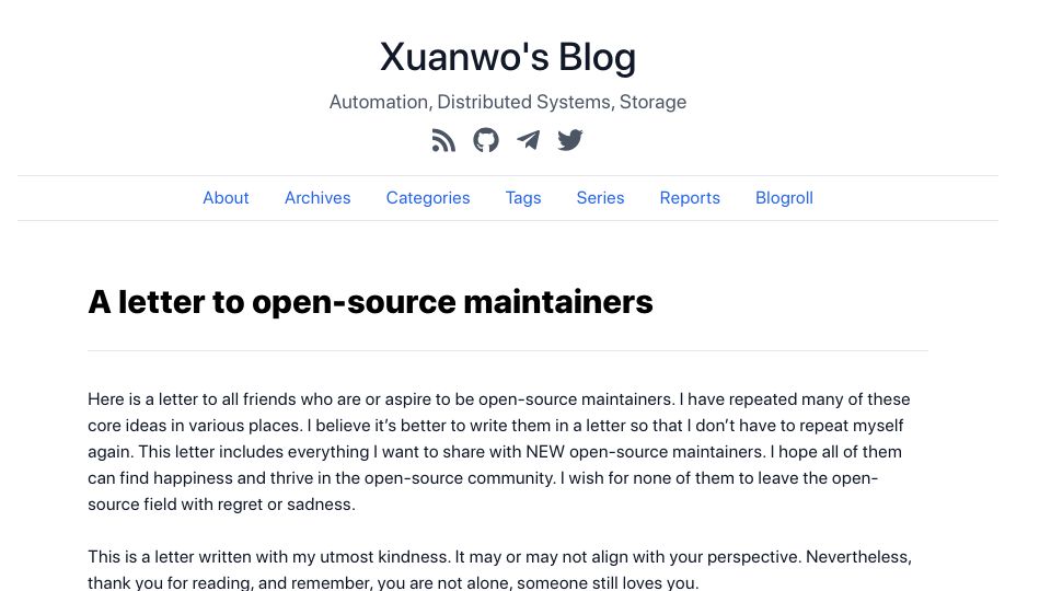 Screenshot of xuanwo.io: A letter to open-source maintainers