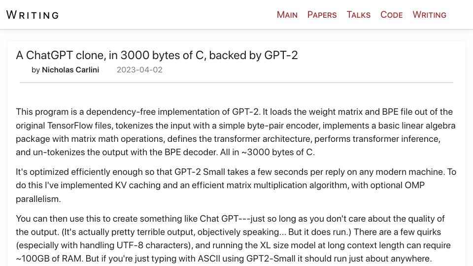 Screenshot of nicholas.carlini.com: A ChatGPT clone, in 3000 bytes of C, backed by GPT-2 (2023)