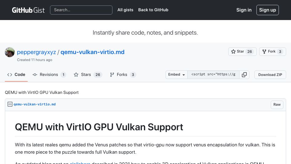 Screenshot of gist.github.com: QEMU with VirtIO GPU Vulkan Support
