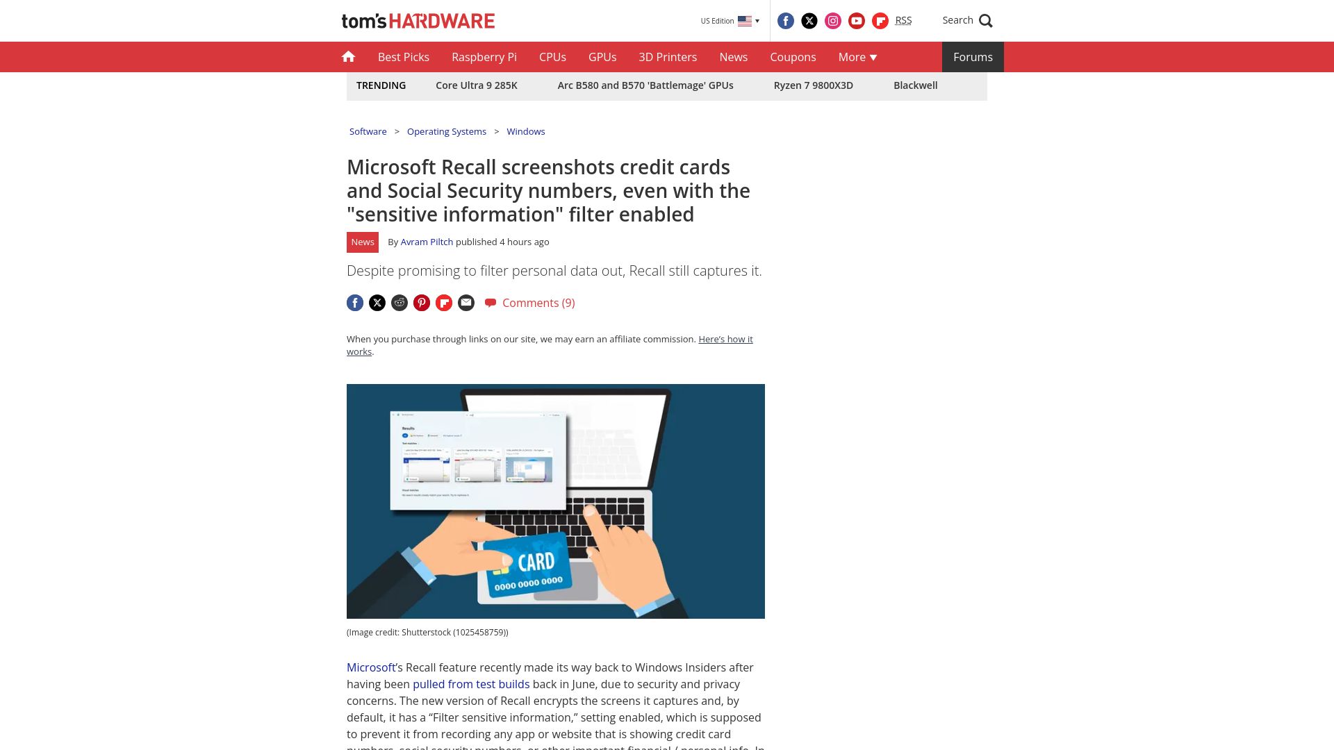 Screenshot of tomshardware.com: Microsoft Recall still storing credit card, social security numbers
