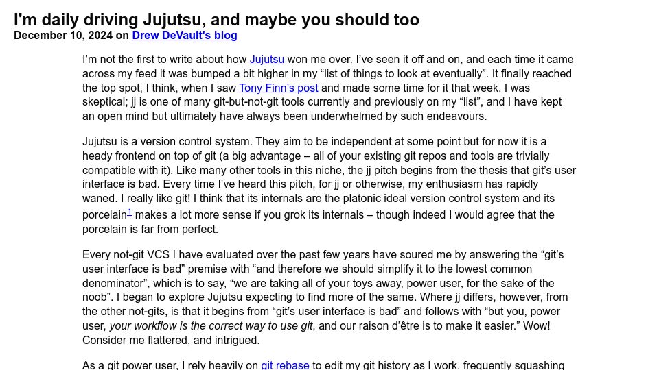 Screenshot of drewdevault.com: I'm daily driving Jujutsu, and maybe you should too