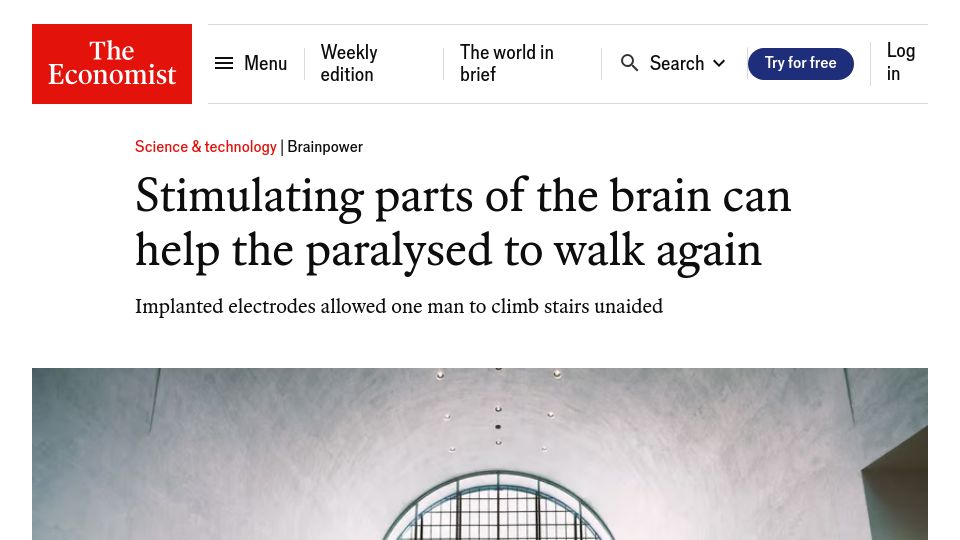 Screenshot of economist.com: Stimulating parts of the brain can help the paralysed to walk again