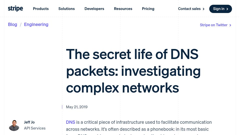 Screenshot of stripe.com: The secret life of DNS packets (2019)