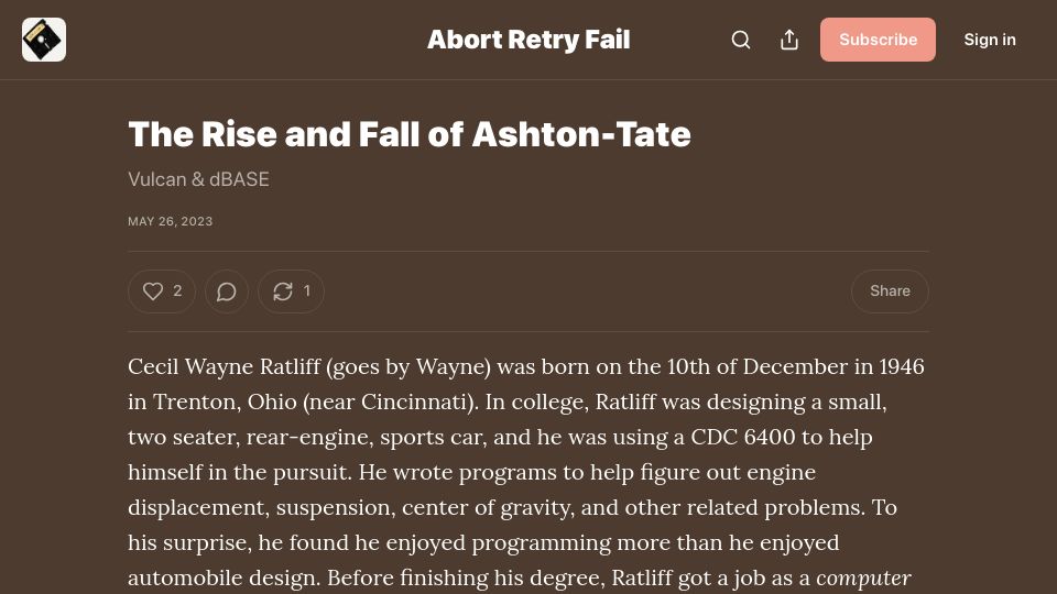 Screenshot of abortretry.fail: The Rise and Fall of Ashton-Tate (2023)