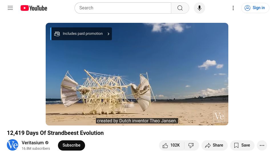 Screenshot of youtube.com: 12,419 days of Strandbeest evolution [video]