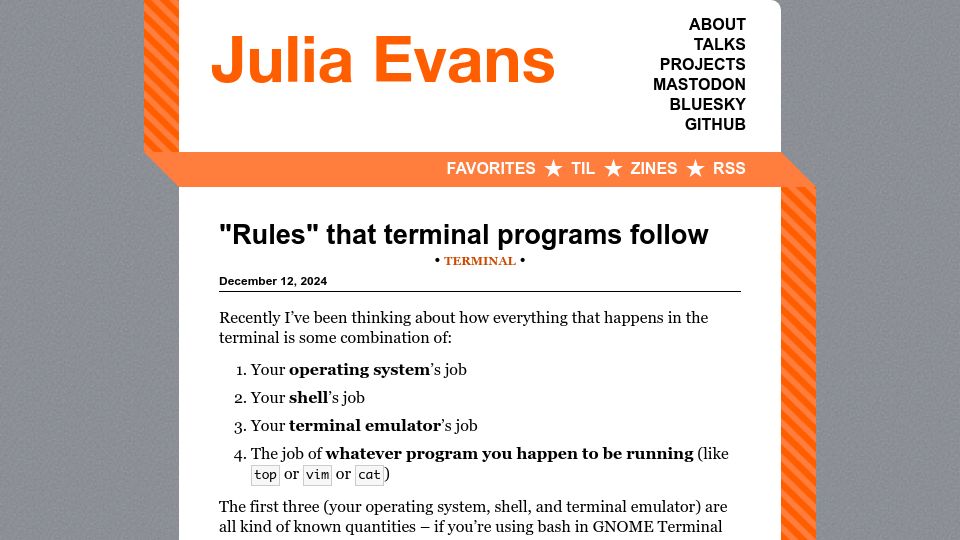 Screenshot of jvns.ca: "Rules" that terminal programs follow