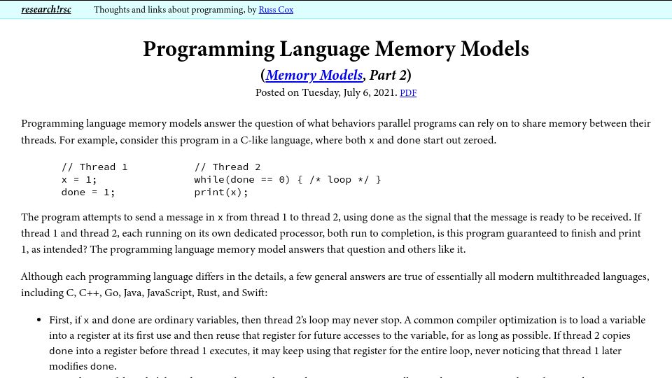 Screenshot of research.swtch.com: Programming Language Memory Models (2021)