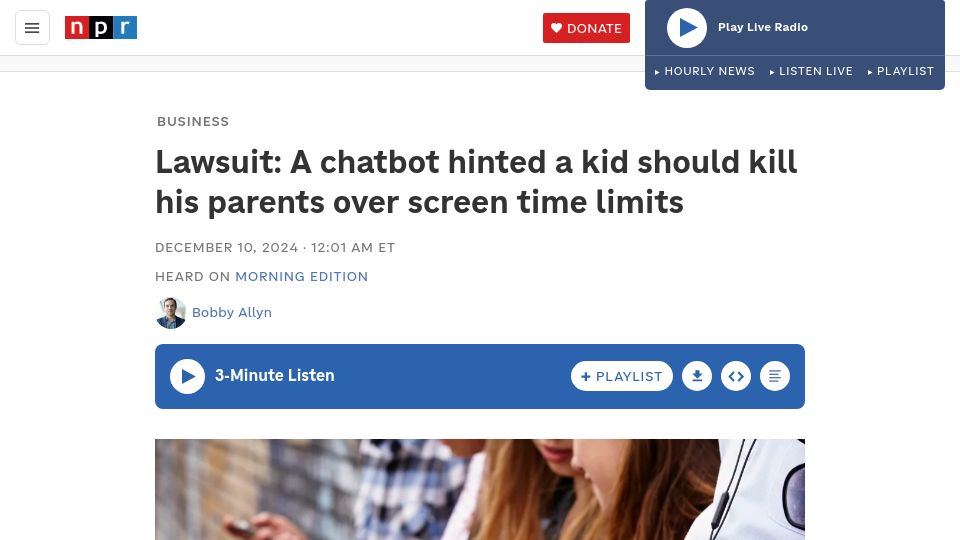 Screenshot of npr.org: Chatbot hinted a kid should kill his parents over screen time limits: lawsuit