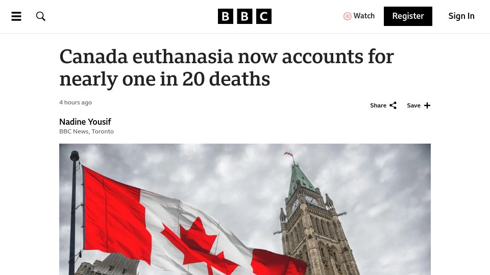 Screenshot of bbc.com: Assisted dying now accounts for one in 20 Canada deaths