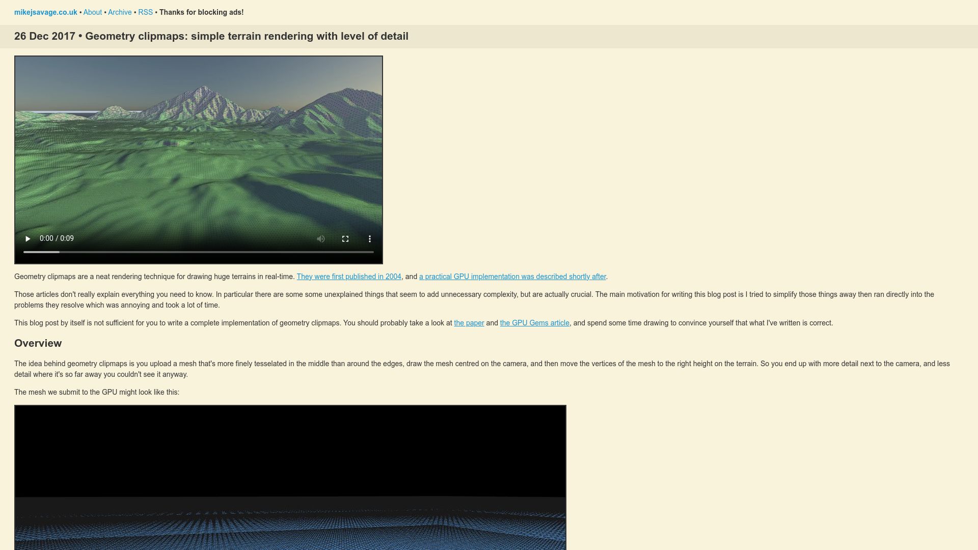 Screenshot of mikejsavage.co.uk: Geometry clipmaps: simple terrain rendering with level of detail (2017)