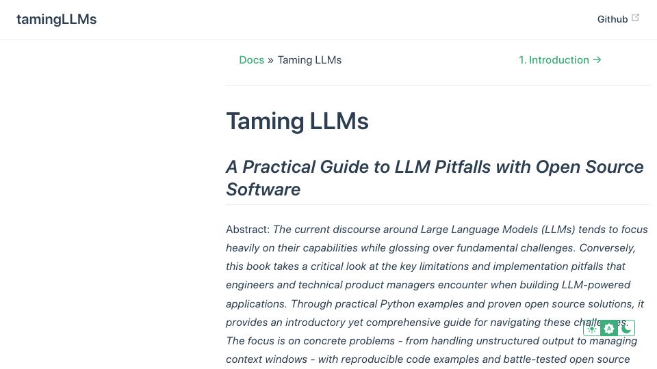 Screenshot of souzatharsis.com: Taming LLMs – A Practical Guide to LLM Pitfalls with Open Source Software