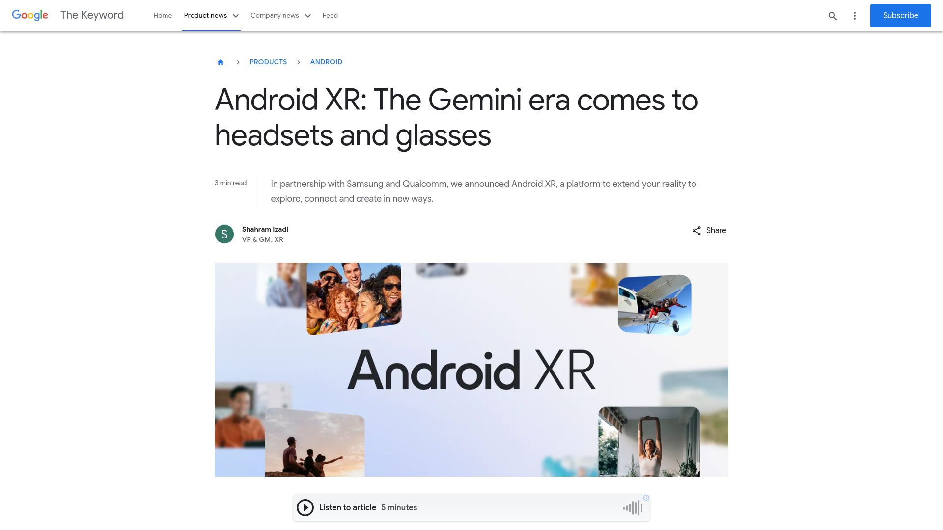 Screenshot of blog.google: Android XR