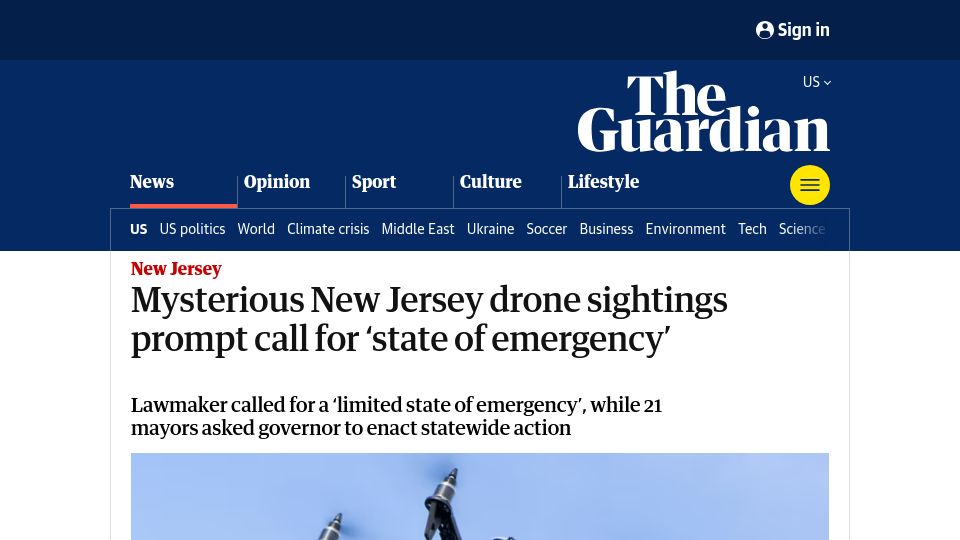 Screenshot of theguardian.com: Mysterious New Jersey drone sightings prompt call for 'state of emergency'