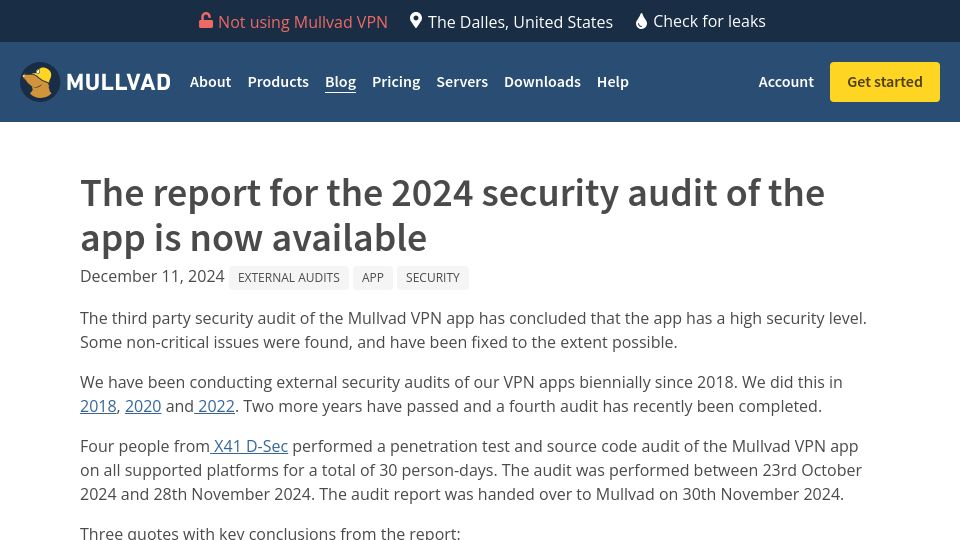 Screenshot of mullvad.net: The report for the 2024 security audit of the Mullvad app is now available