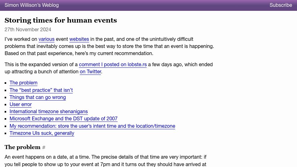 Screenshot of simonwillison.net: Storing Times for Human Events