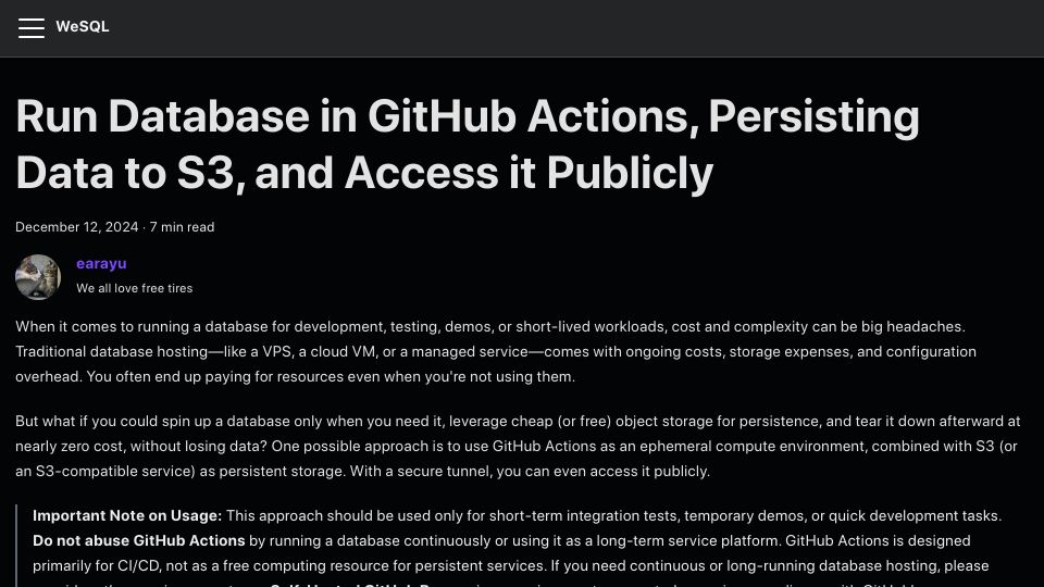 Screenshot of wesql.io: Run Database in GitHub Actions, Persisting Data to S3, and Access It Publicly
