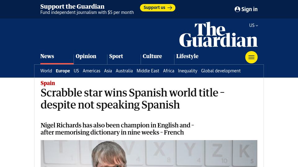 Screenshot of theguardian.com: Scrabble star wins Spanish world title despite not speaking Spanish