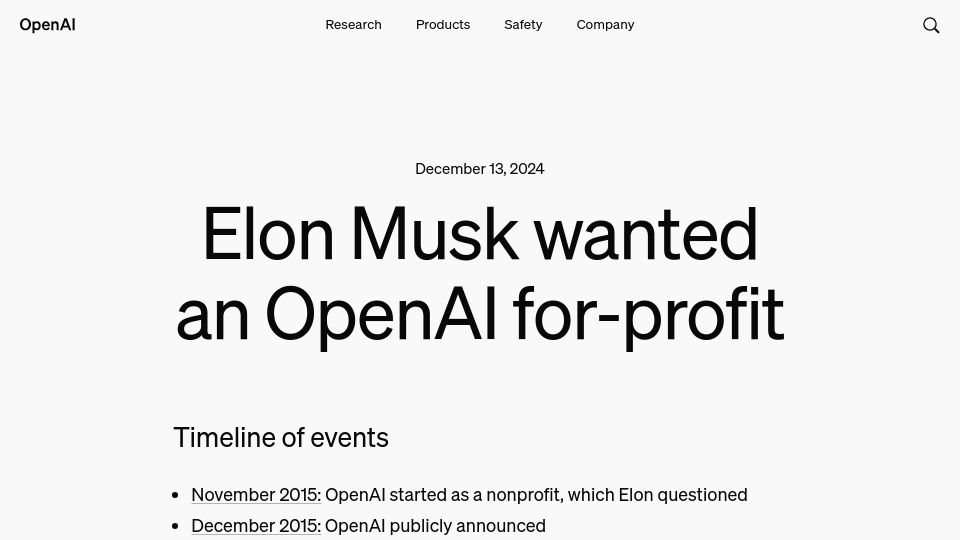 Screenshot of openai.com: Elon Musk wanted an OpenAI for-profit