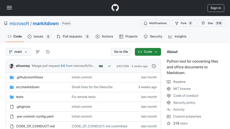 Screenshot of github.com: MarkItDown: Python tool for converting files and office documents to Markdown