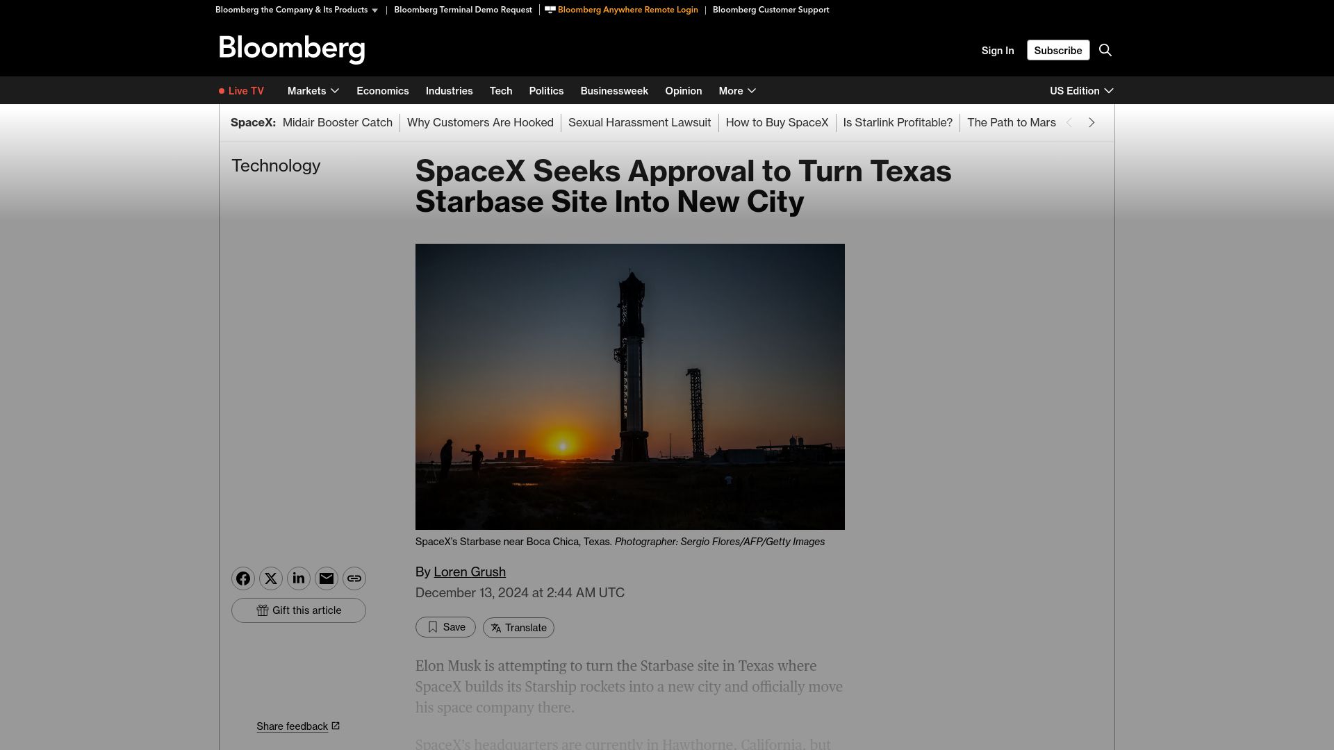 Screenshot of bloomberg.com: SpaceX Seeks Approval to Turn Texas Starbase Site into New City