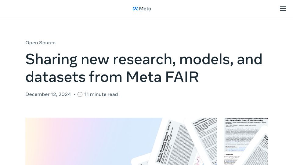Screenshot of ai.meta.com: Sharing new research, models, and datasets from Meta FAIR