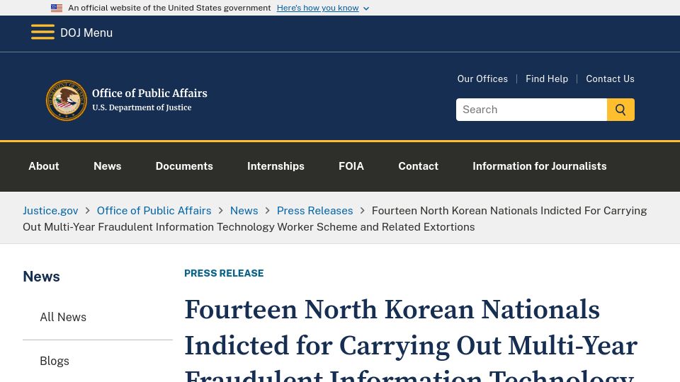 Screenshot of justice.gov: Fourteen North Koreans Indicted for Fraudulent IT Worker Scheme and Extortions