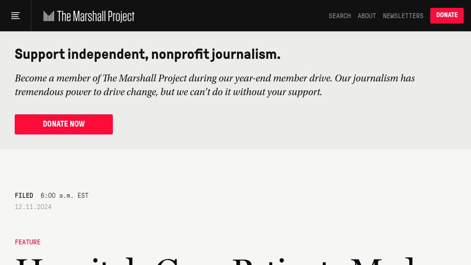 Screenshot of themarshallproject.org: Hospitals gave patients meds during childbirth, then reported them for drug use