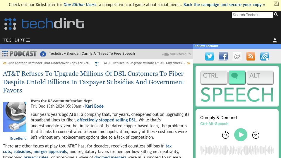 Screenshot of techdirt.com: AT&T Won't Upgrade Millions Of DSL Users To Fiber Despite Billions In Subsidies