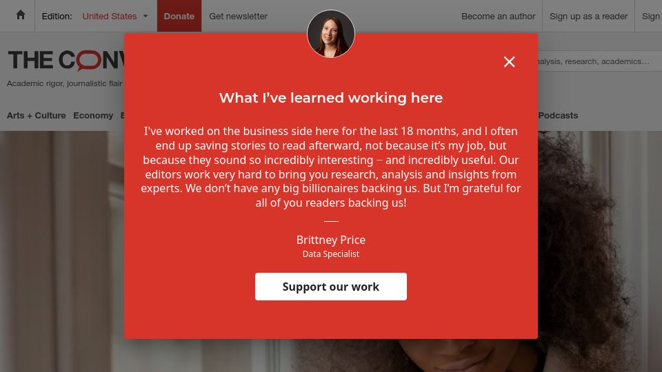 Screenshot of theconversation.com: People who are good at reading have different brains: study