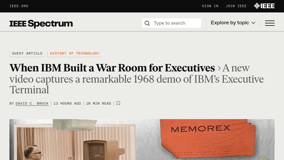 Screenshot of spectrum.ieee.org: A new video captures a 1968 demo of IBM’s Executive Terminal