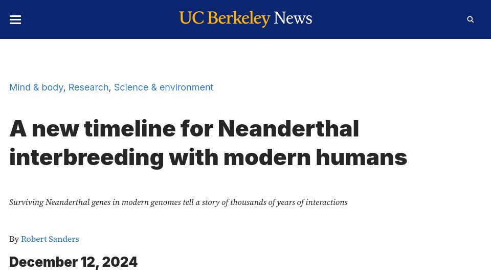 Screenshot of news.berkeley.edu: A new timeline for Neanderthal interbreeding with modern humans