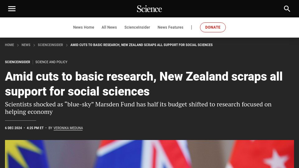 Screenshot of science.org: Amid cuts to basic research, New Zealand scraps all support for social sciences