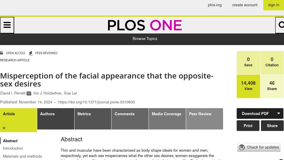 Screenshot of journals.plos.org: Misperception of the facial appearance that the opposite-sex desires