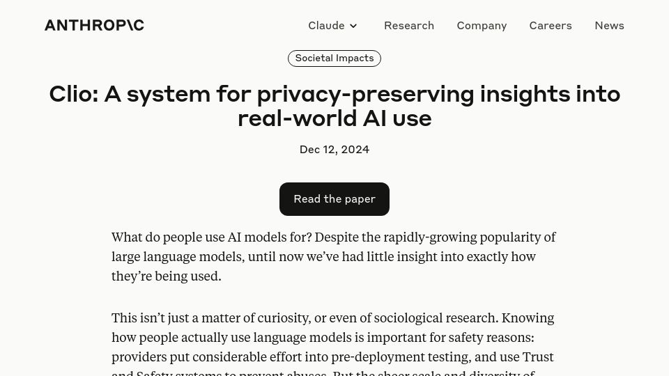 Screenshot of anthropic.com: Clio: A system for privacy-preserving insights into real-world AI use