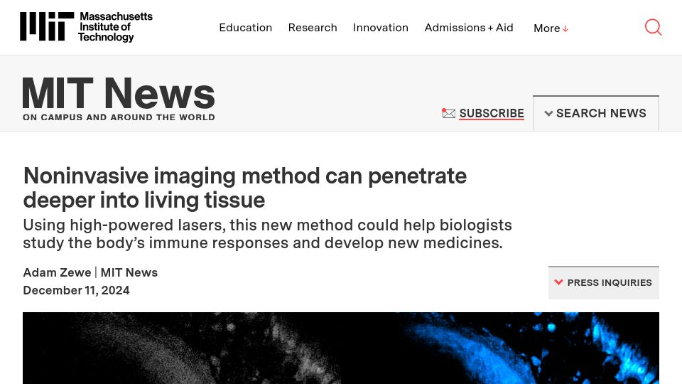Screenshot of news.mit.edu: Noninvasive imaging method can penetrate deeper into living tissue