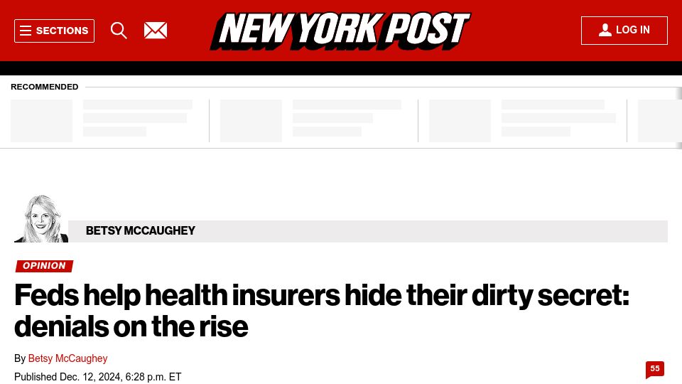 Screenshot of nypost.com: Feds help health insurers hide their dirty secret: denials on the rise