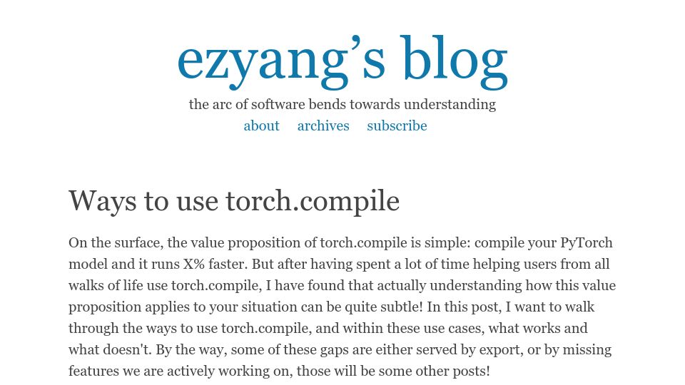 Screenshot of blog.ezyang.com: Ways to Use Torch.compile