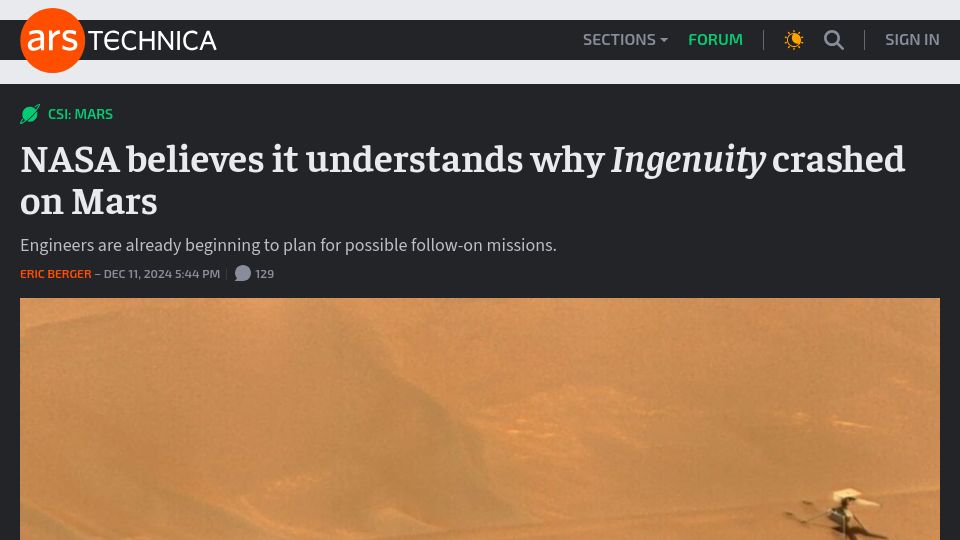 Screenshot of arstechnica.com: NASA believes it understands why Ingenuity crashed on Mars