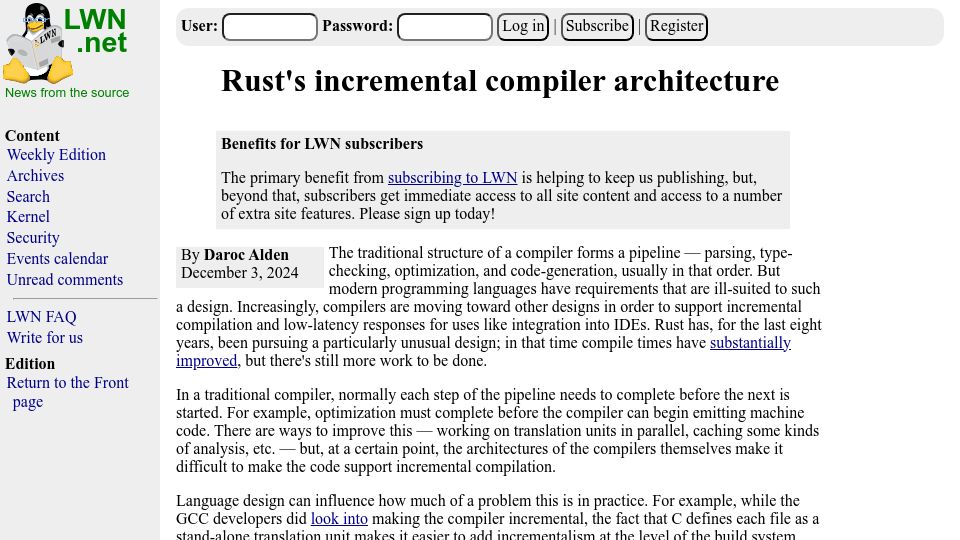 Screenshot of lwn.net: Rust’s Incremental Compiler Architecture