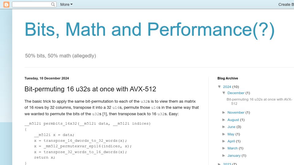 Screenshot of bitmath.blogspot.com: Bit-permuting 16 u32s at once with AVX-512
