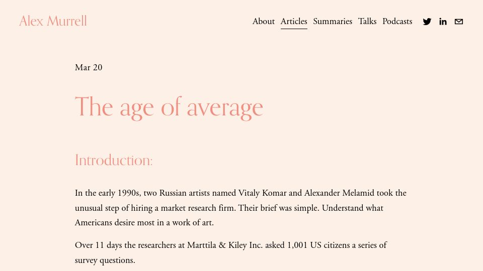Screenshot of alexmurrell.co.uk: The age of average (2023)