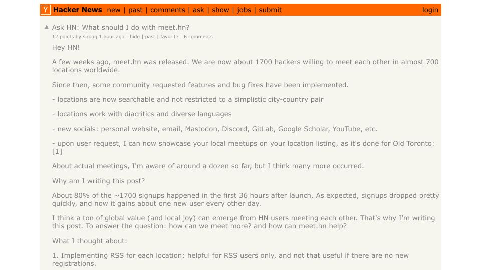 Screenshot of Hacker News post: Ask HN: What should I do with meet.hn?