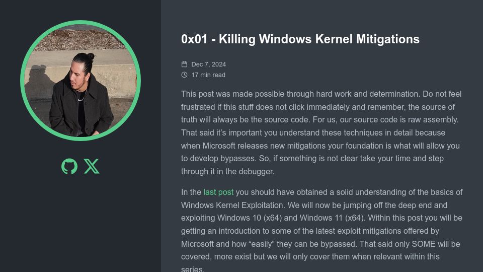 Screenshot of wetw0rk.github.io: 0x01 – Killing Windows Kernel Mitigations