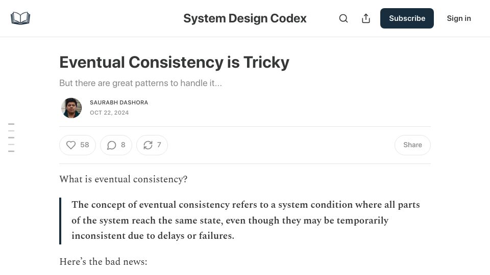Screenshot of newsletter.systemdesigncodex.com: Eventual Consistency Is Tricky