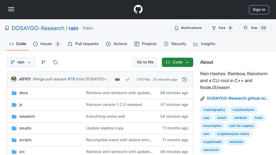 Screenshot of github.com: Show HN: Rain hashes – well designed, simple and fast variable sized hashes