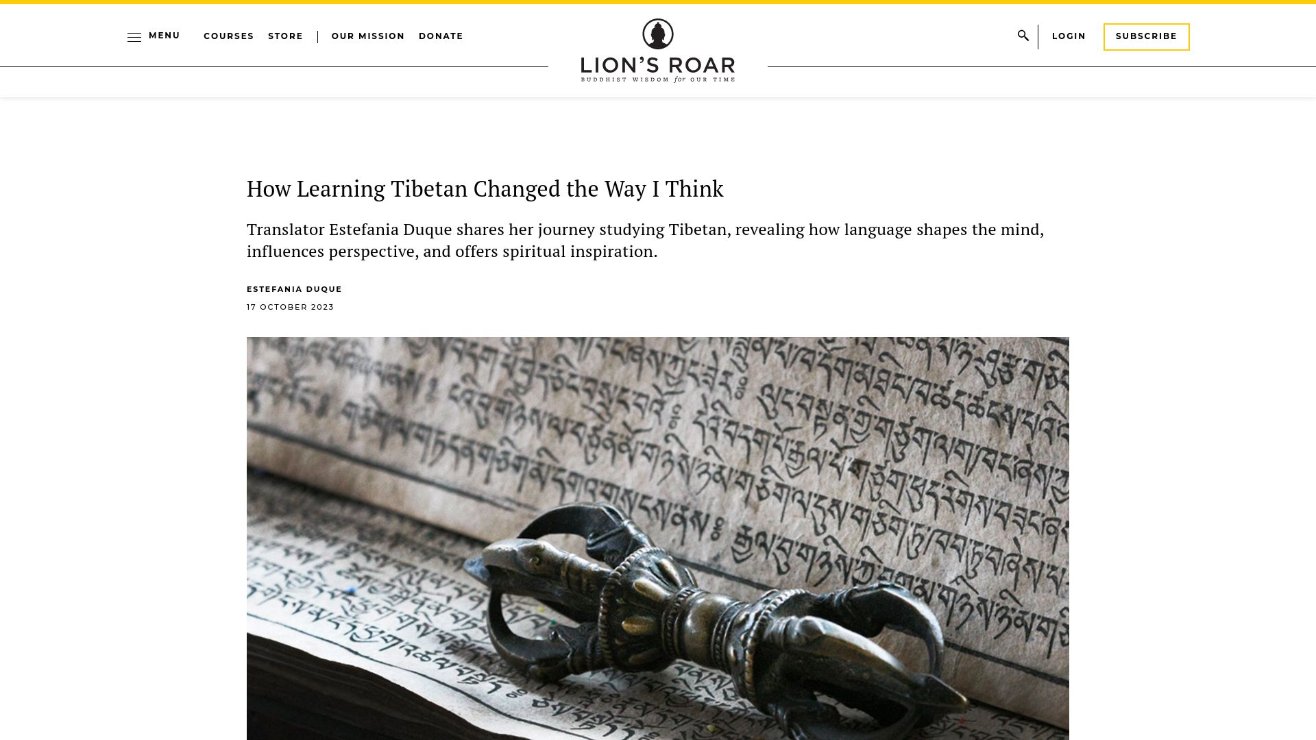 Screenshot of lionsroar.com: Learning Tibetan changed the way I think (2023)