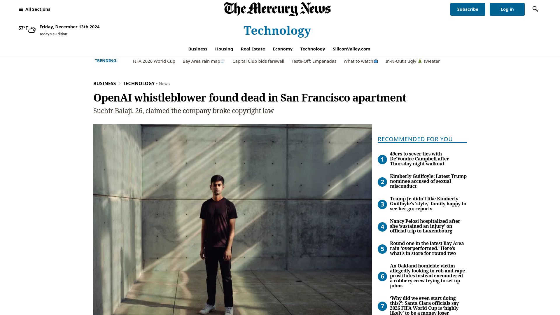 Screenshot of mercurynews.com: OpenAI whistleblower found dead in San Francisco apartment