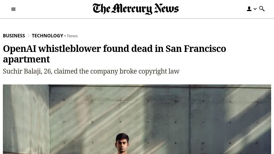 Screenshot of mercurynews.com: OpenAI whistleblower found dead in San Francisco apartment
